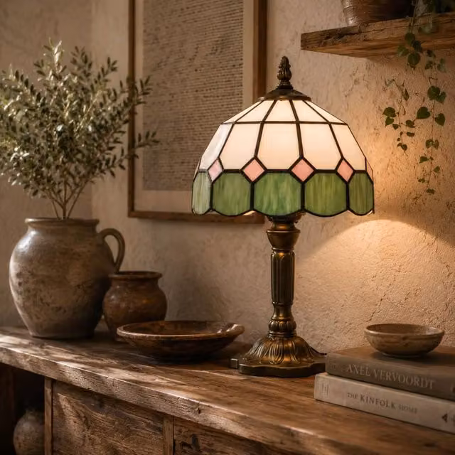 Wyld Haus Surosu Art Deco Stained Glass Table Lamp, White, Green and Bronze – 1