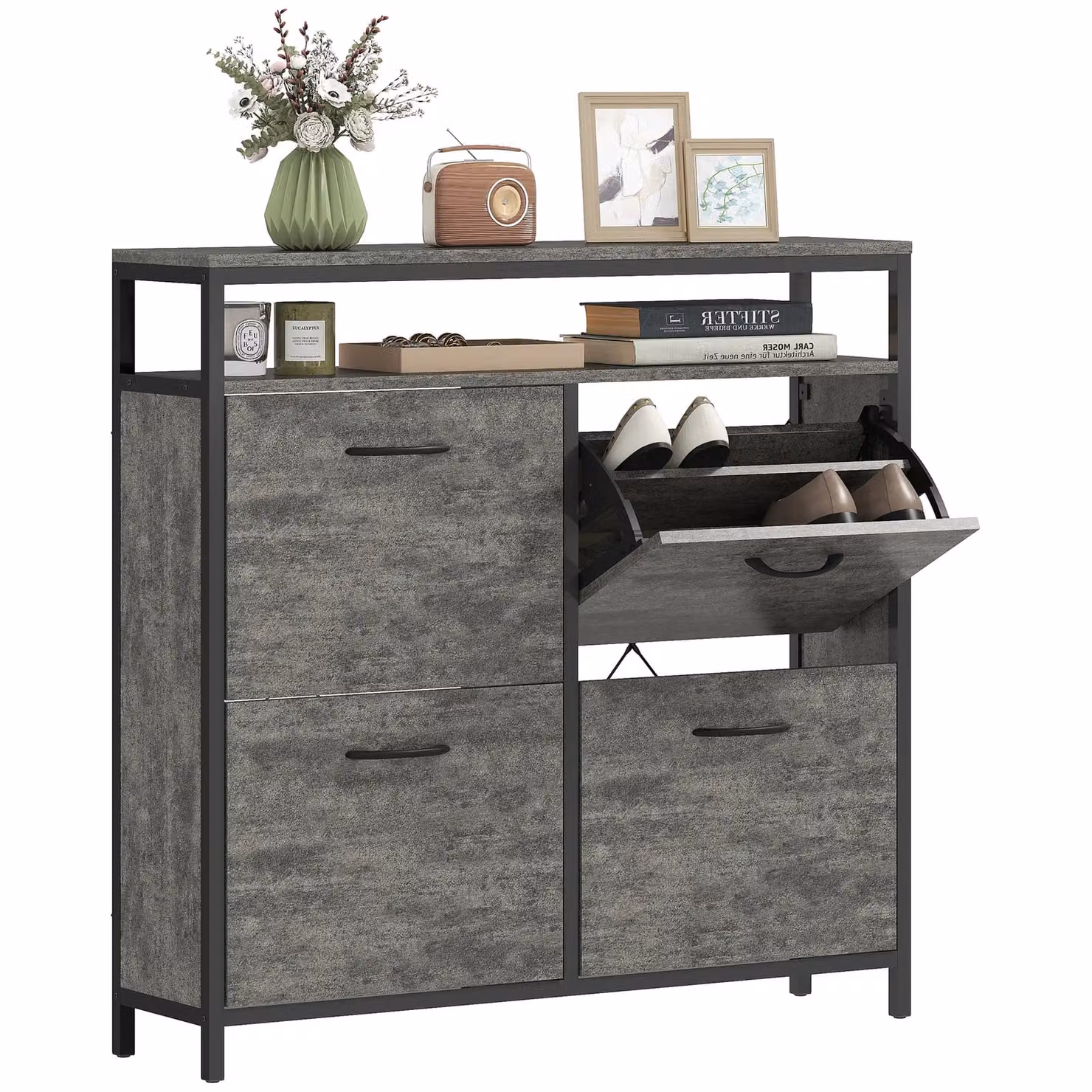 HOMCOM Industrial Shoe Cabinet with Tilting Compartments and Hinged Doors in Grey and Black – 1