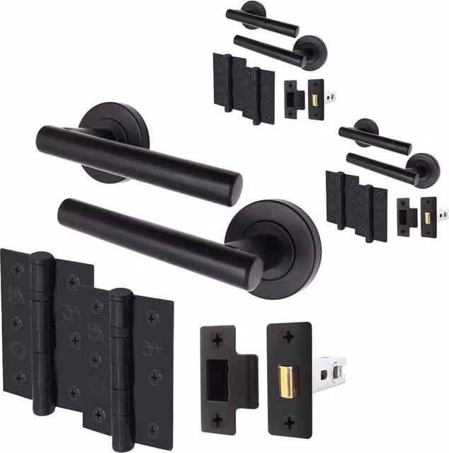 AFIT Black T-Bar Door Handles with Round Rose and Latch Hinges, 3 Pack, W/D/H: 15 x 15 x 15 cm – 1