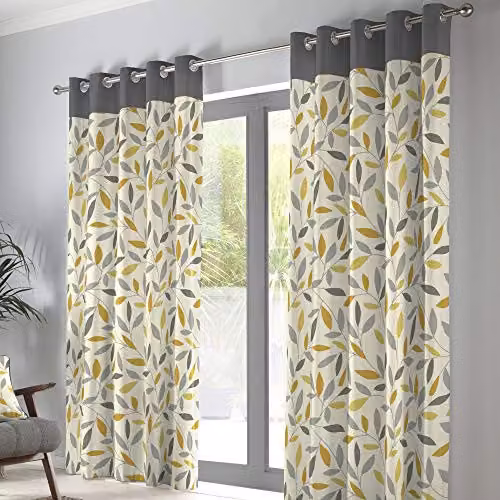 Fusion Beechwood Floral Cotton Eyelet Curtains, Ochre, W: 229 cm, H: 229 cm