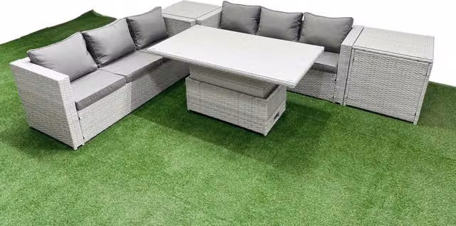 Fimous 5 Piece Rattan Dining Set with 3 Seater Sofa and Rising Table in Light Grey