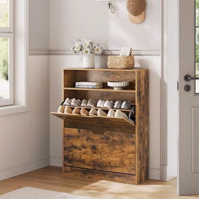 VASAGLE Minimalist Bronze and Brown Shoe Cabinet with Tilting Compartments and Internal Shelves