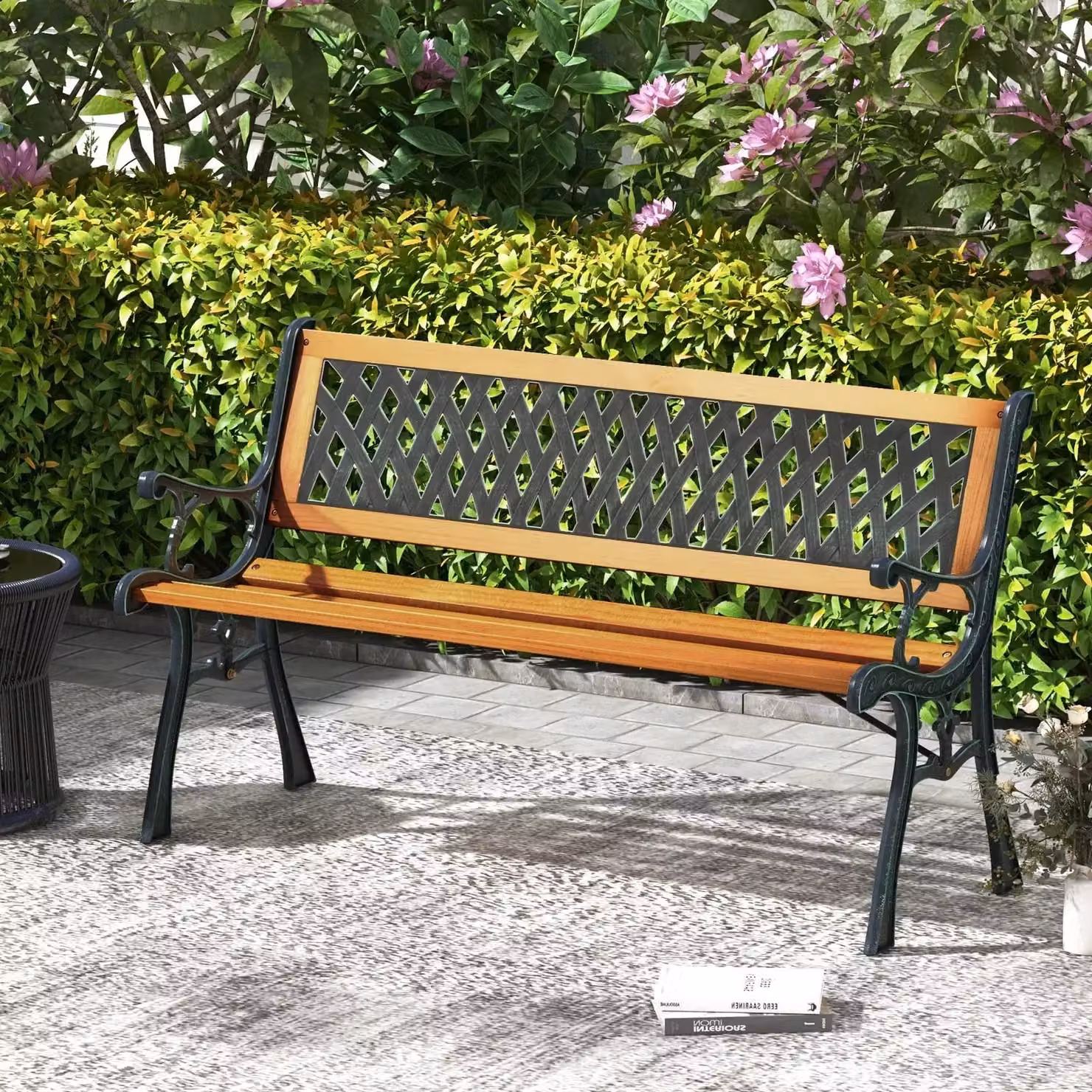 Costway Black Outdoor Garden Bench Loveseat with Wood Slats and Metal Frame – 4
