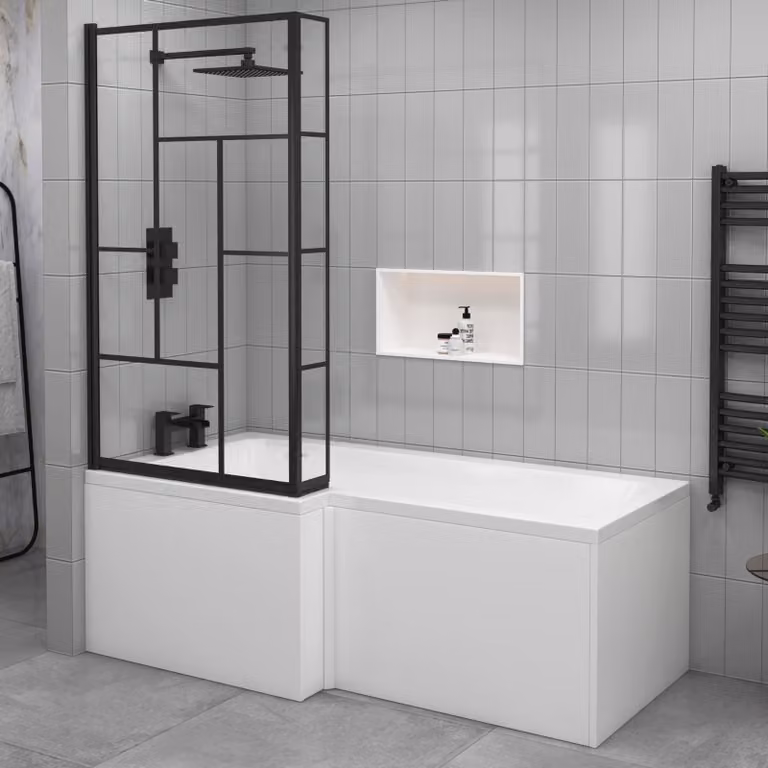 Qubix L-Shaped Acrylic Shower Bath with Abstract Grid Black Framed Screen and Front Panel, White