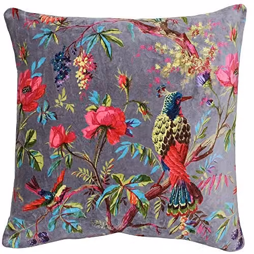 Riva Paoletti Paradise Square Cushion with Colourful Bird Print in Purple and Brown Faux Velvet and Cotton, W/D/H: 50 x 50 x 50 cm – 1