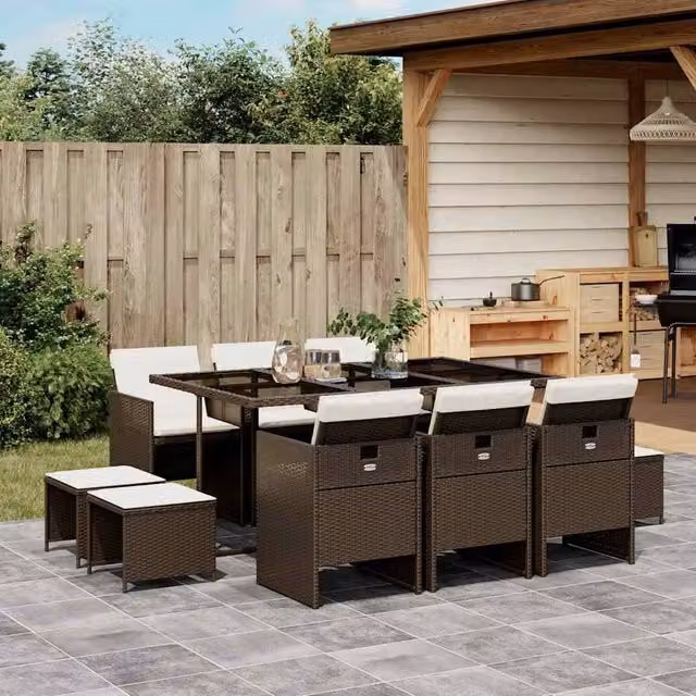 Berkfield Home 11 Piece Brown Poly Rattan Garden Dining Set with Cushions – 1
