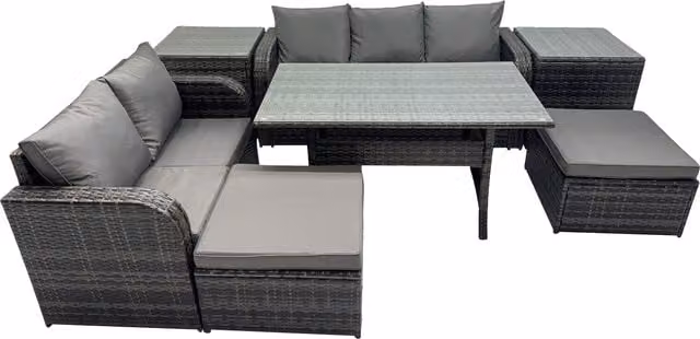 Fimous 7-Seat PE Rattan Outdoor Garden Sofa and Dining Set in Dark Grey Mixed