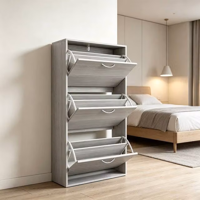 ERGOVEXA Grey Wood-Effect 3 Flip Drawer Shoe Storage Cabinet for Up to 12 Pairs
