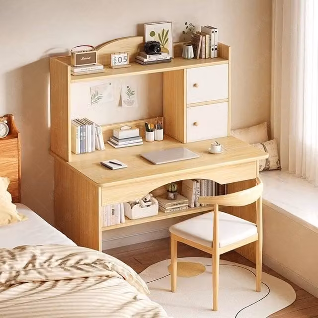 SPETLEK Brown Solid Wood Writing Desk with Storage Shelf – 1