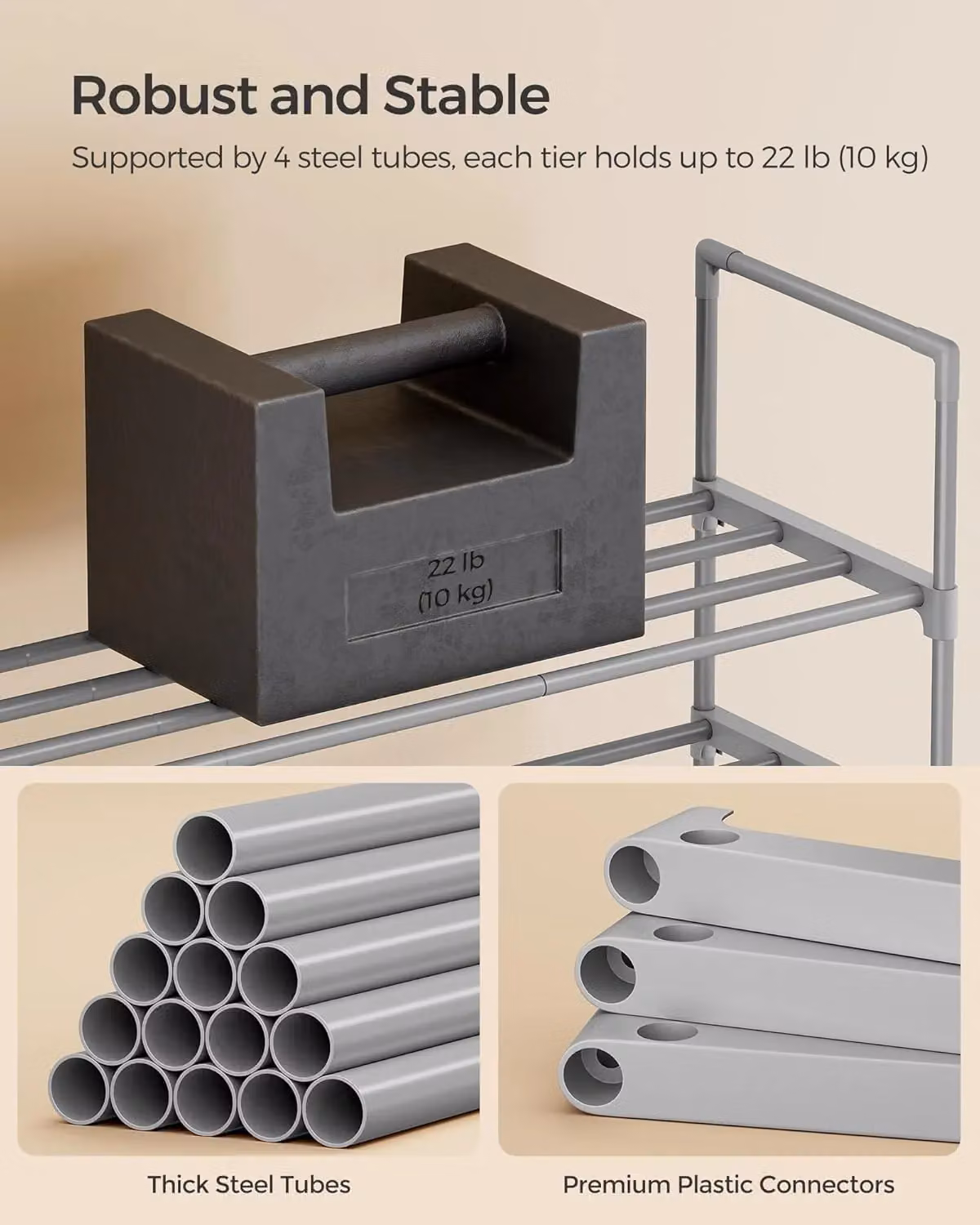 SONGMICS 2-Tier Metal Shoe Storage Organiser Stackable Shelf in Grey – 2