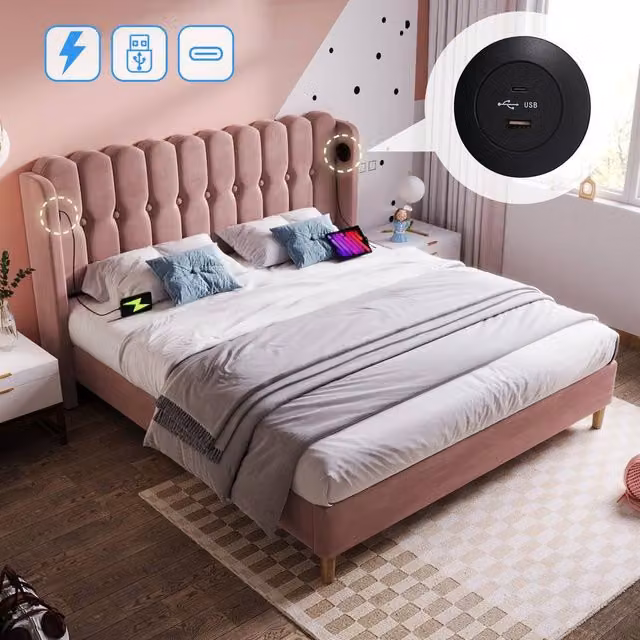 Matteo Pink Velvet Upholstered Double Bed with USB Charging Port, W: 135 cm x D: 190 cm – 1