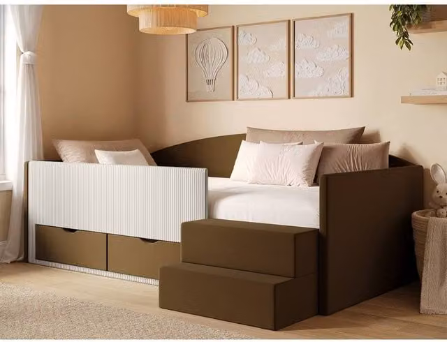 Flair Elisa Velvet Low Sleeper Bed with Storage Drawers in Brown and Beige Cord, Single (W: 90 cm, L: 200 cm) – 1