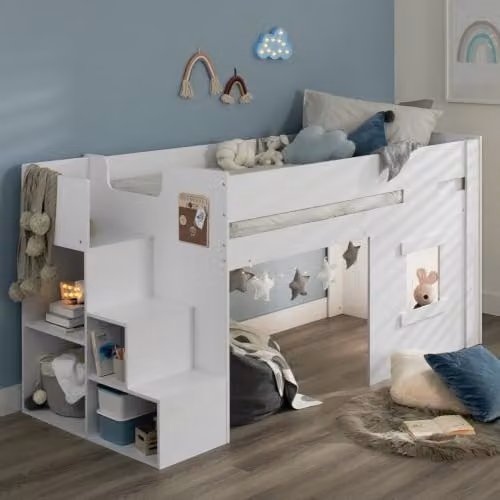 Flair Furnishings Midsleeper Cabin Bed for Children in White with Stairs and Side Compartments