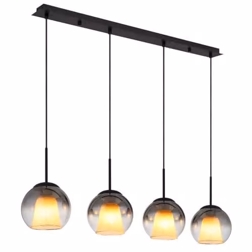 Netlighting Barry Bar Pendant Light with Black Metal and Smoke Glass Spheres, 4x E27