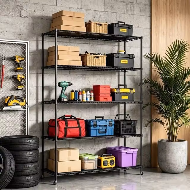 EONLION 5 Tier Metal Wire Storage Shelf Unit in Black with Adjustable Shelves – 1