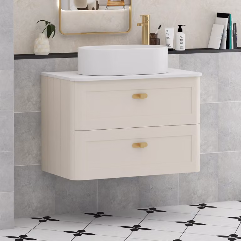 Royal Bathrooms Henley 800mm Mushroom Cashmere Wall Hung 2 Drawer Vanity Unit with Plain White Worktop, Peak Basin and Brushed Brass Knob