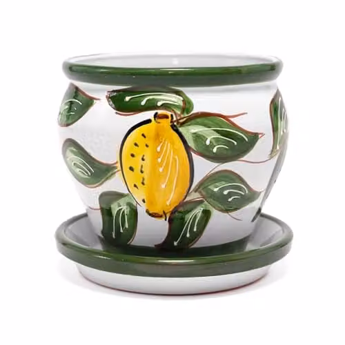 Verano Spanish Ceramics Hand Painted Lemons Bola Plant Pot and Drainage Plate, Yellow and Multicolour, Diameter: 25 cm – 3