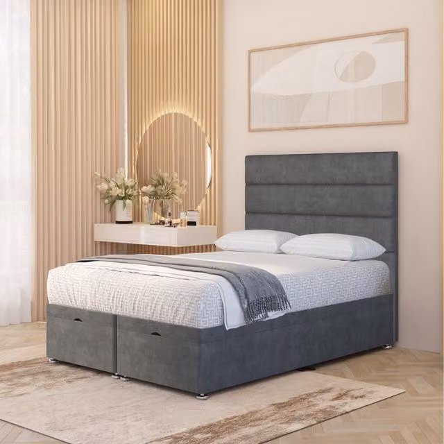 Somnior Beds Ltd Horizona Double Storage Ottoman Bed with Floor Standing Headboard in Silver Grey Velvet