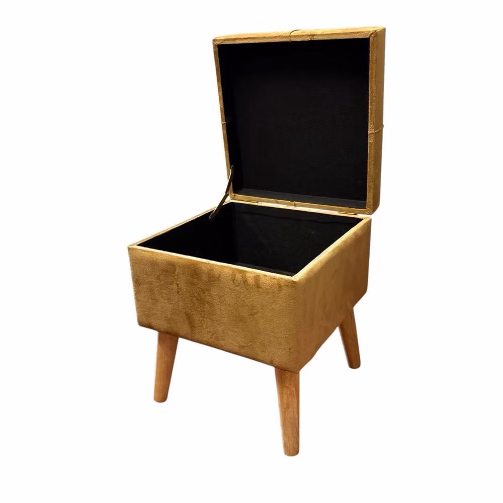 Havendro Mustard Yellow Velvet Square Ottoman with Gold Lift-Up Storage Footstool – 2