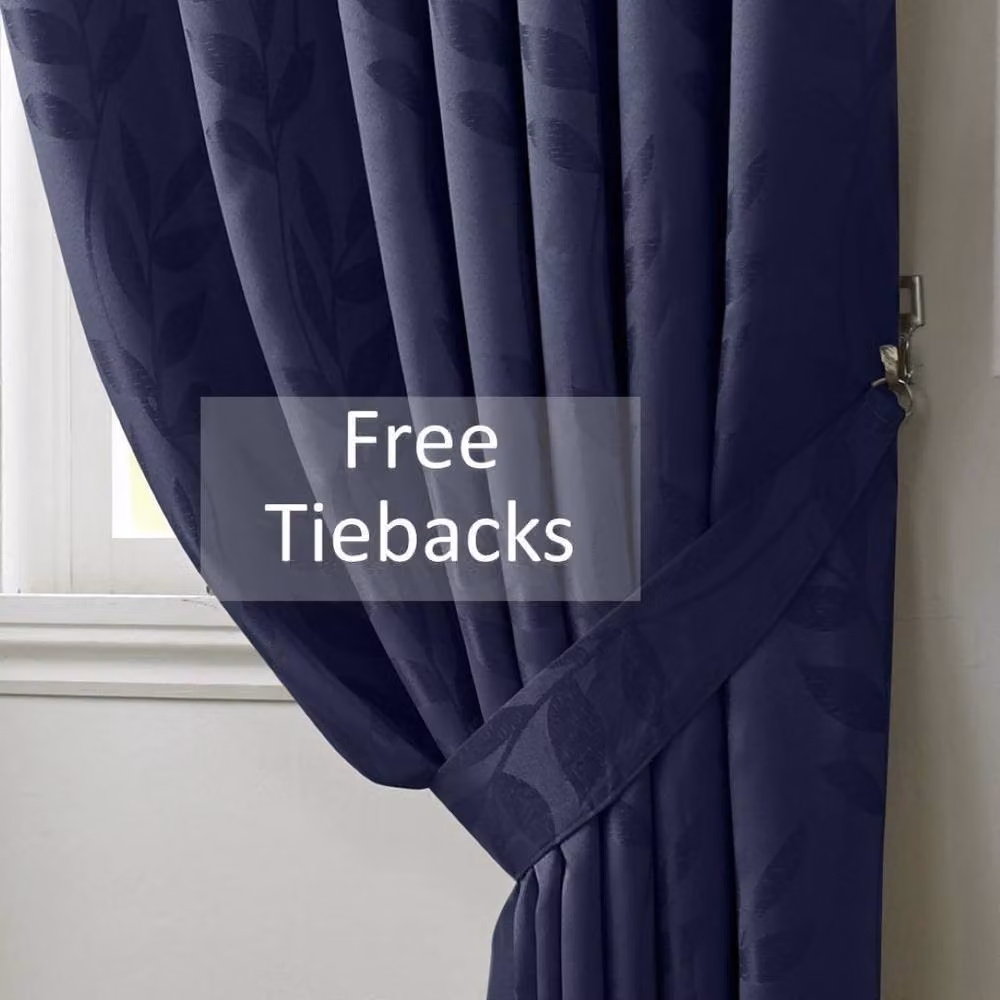 Luxury Living Navy Blue Jacquard Leaf Ring Top Curtains, Silk Look, Width: 117 cm, Drop: 229 cm – 3