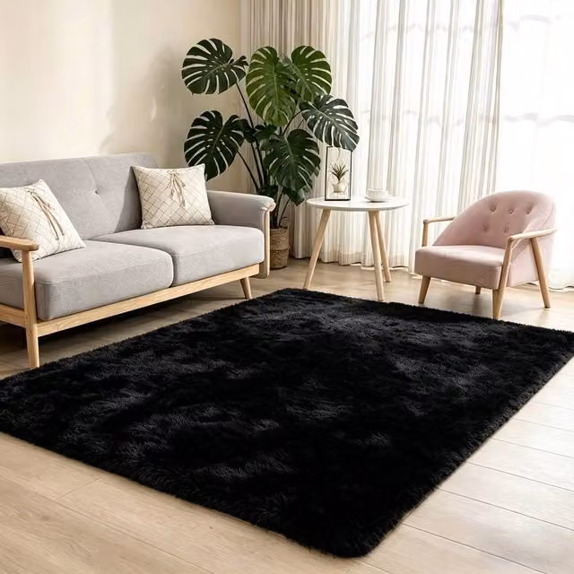 MCC Direct Faux Fur Rectangle Shaggy Area Rug in Black, W/D: 60 x 110 cm