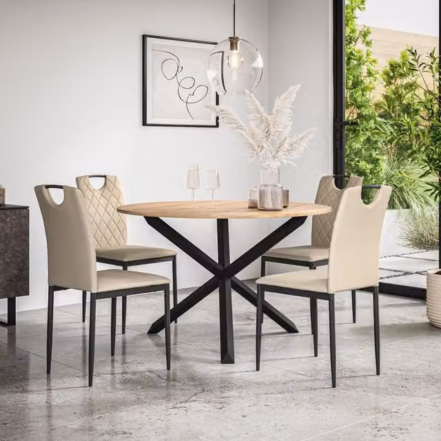 More4Homes Malvern Round Dining Table and Set of 4 Monza Faux Leather Chairs in Beige and Black with Oak Top
