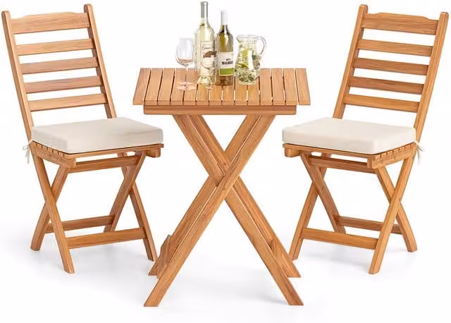 Costway Acacia Wood Folding Bistro Set with Cushions in Natural Brown – 1