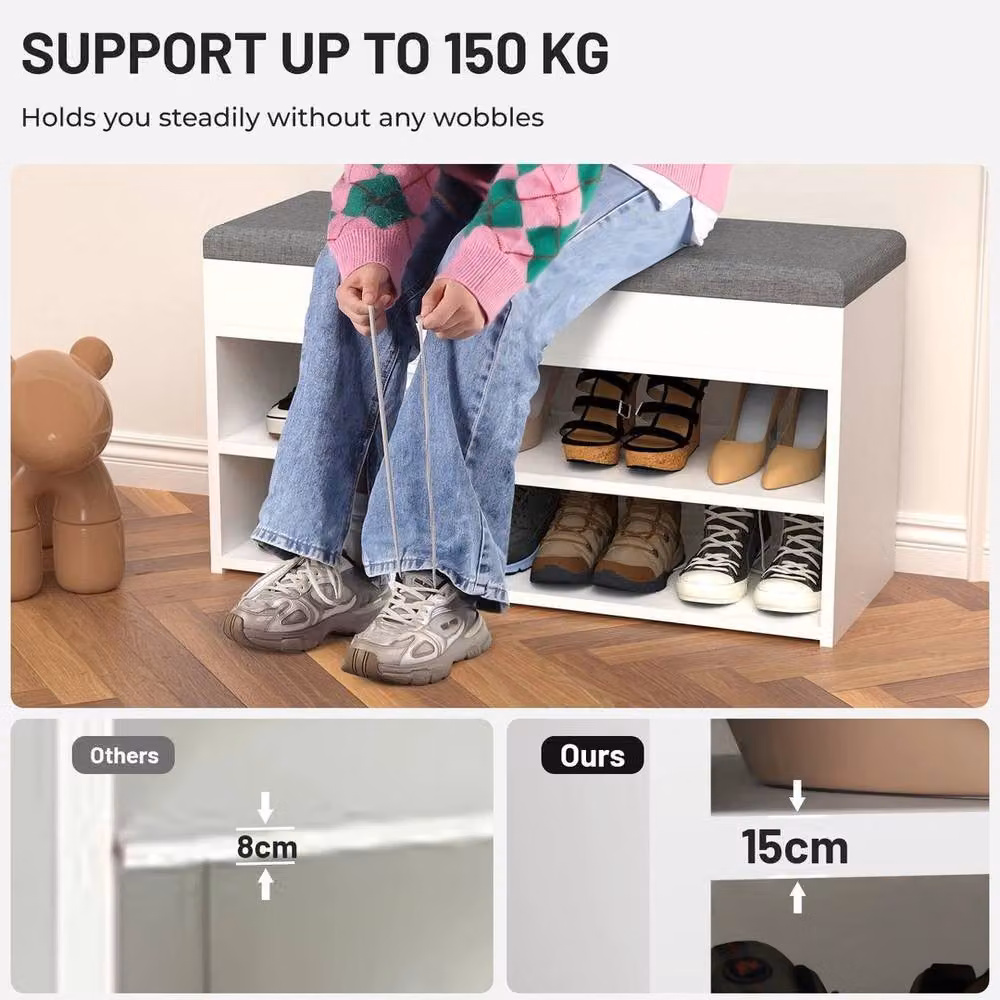 PAWNORA Modern White Fabric and Metal Shoe Bench and Storage Rack for Hallways – 3