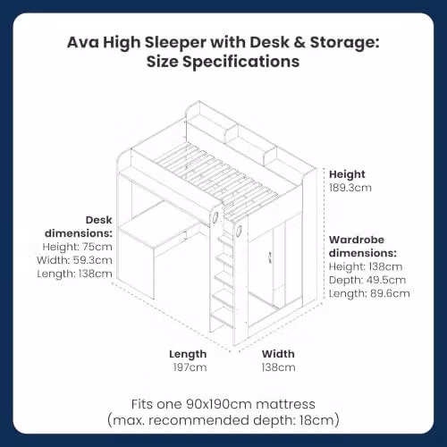 Flair Ava Single High Sleeper Bed with Stairs, Side Compartments and Bedside Shelf in White, Beige and Oak – 2