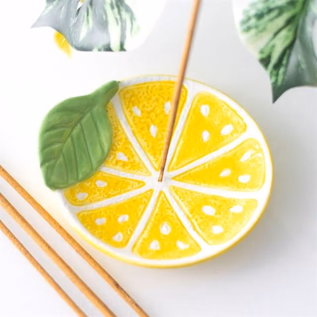 KDMK Lemon Slice Ceramic Incense Stick Holder, Yellow, Round Tabletop Design