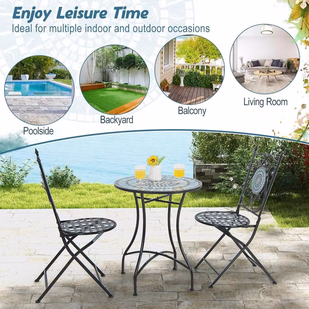 Costway Round Mosaic Garden Side Table with Powder Coated Steel Frame in Multicolour – 3