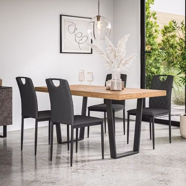 More4Homes Aria Dining Table and Monza Linen Dining Chair Set, Oak Effect Table with Black Legs and 4 Charcoal Chairs, W: 160 cm, D: 80 cm, H: 76 cm