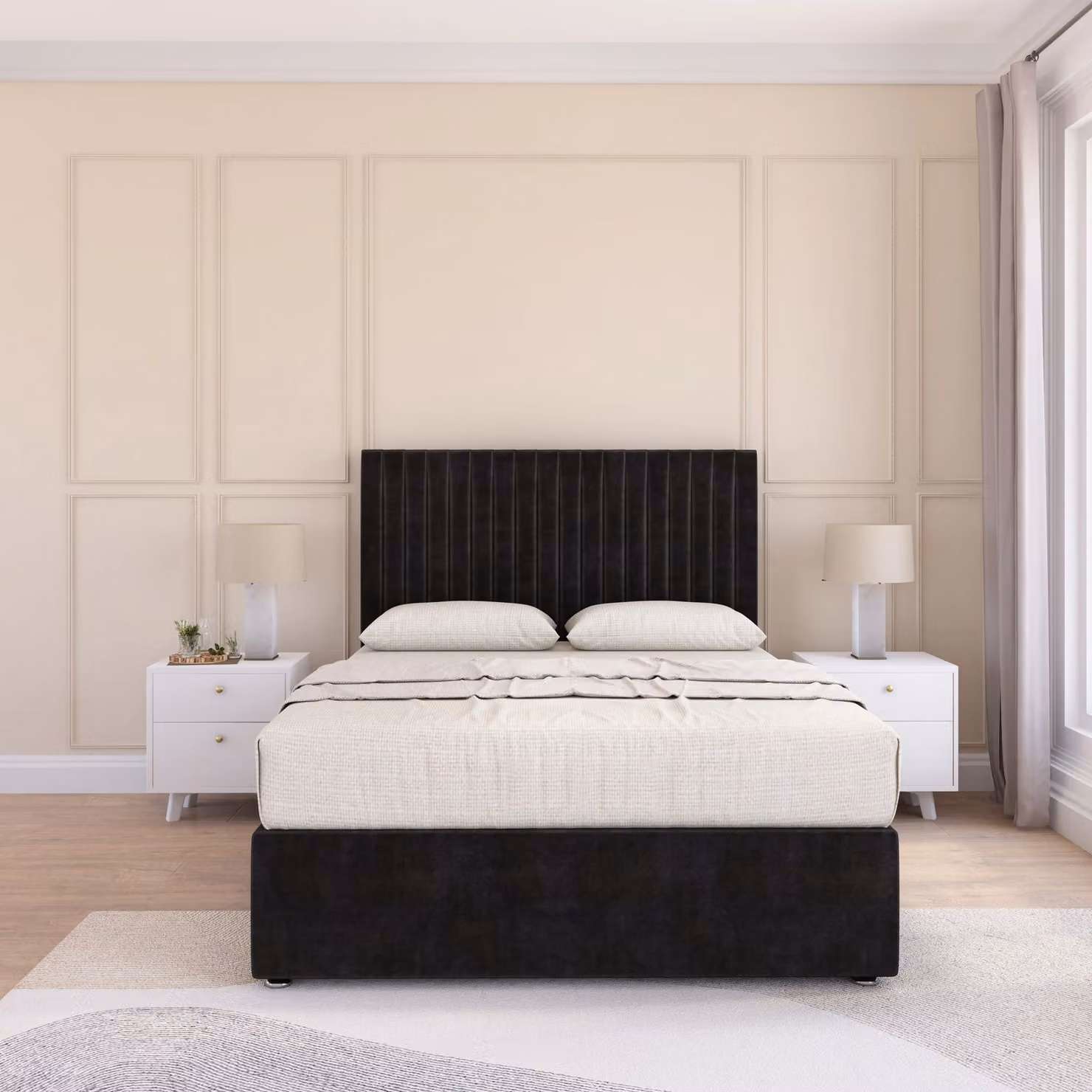 Sloomy Manhattan Double Divan Bed Base and 54 inch Floor Standing Headboard in Black Velvet Fabric, W/D/H: 140 x 200 cm