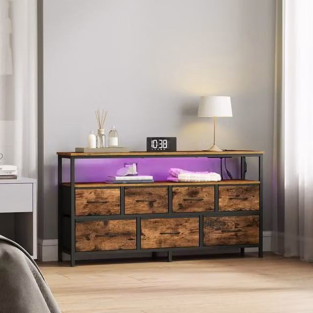 SONGMICS Modern 5-Drawer Dresser with Integrated LED Lights in Brown, Black and Orange
