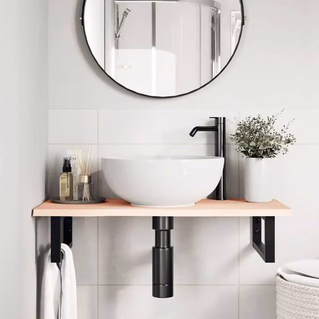 Berkfield Home Elegant Wall Mounted Basin Shelf in Light Oak and Black Steel – 1