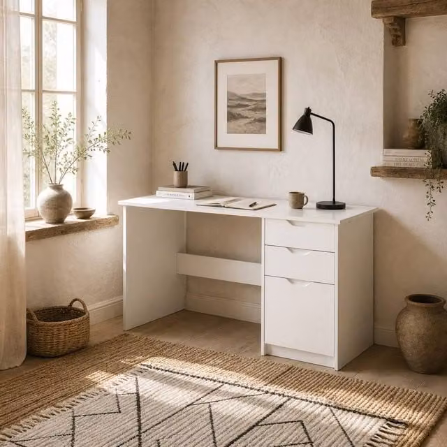 Wyld Haus Niba High Gloss White Computer Desk with Drawers and Storage Cabinet W/D/H: 120 x 60 x 76 cm