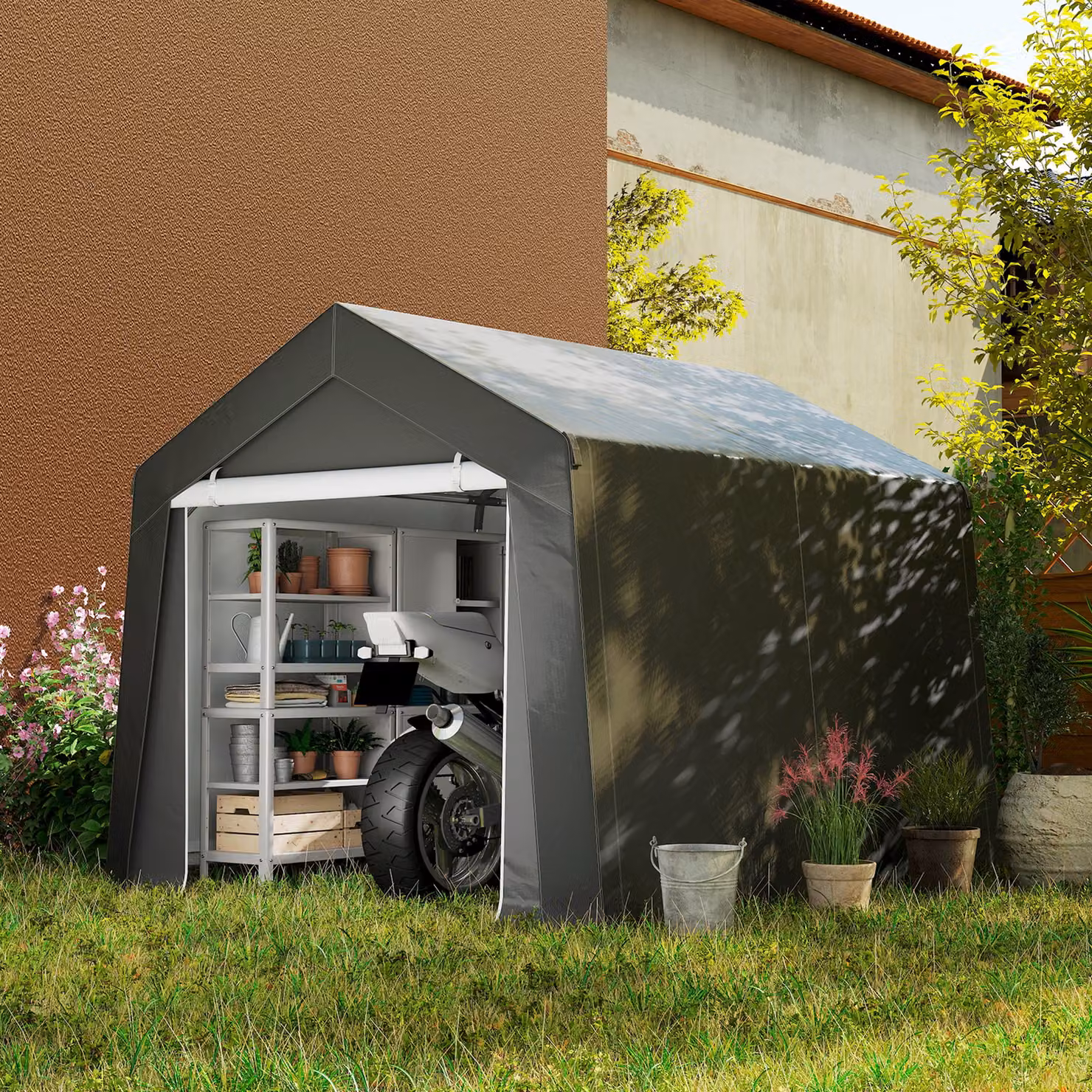 Outsunny Waterproof Portable Garden Storage Tent in Grey with Ventilation Window and Single Door, W/D/H: 300 x 300 x 210 cm – 2