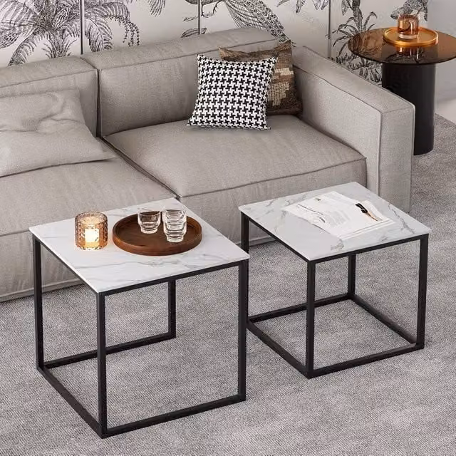 Huhote Set of 2 Modern Nesting Side Tables with Black Metal Frame and Marble Finish Top