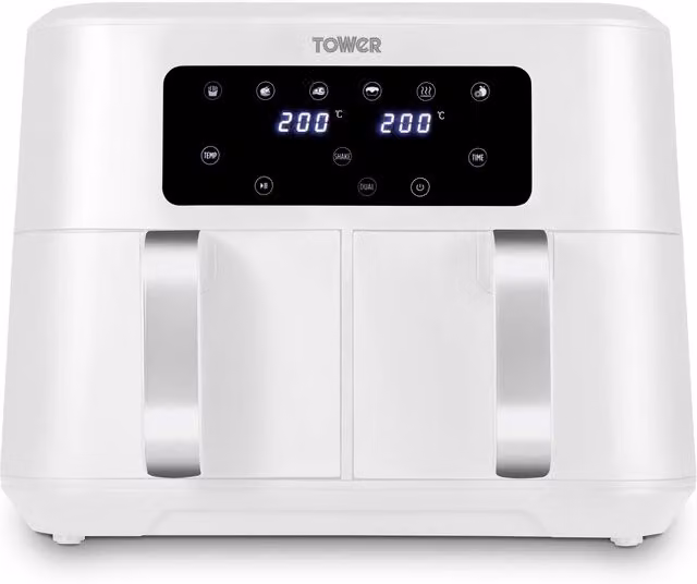 Tower Vortx 8.5L Dual Basket Digital Air Fryer in White with Chrome Trim