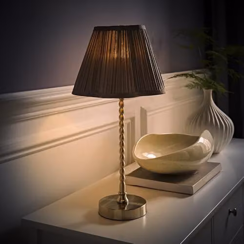 ValueLights Maeve Bobbin Table Lamp with Dark Grey Pleated Faux Silk Scallop Shade and Brushed Chrome Finish – 2