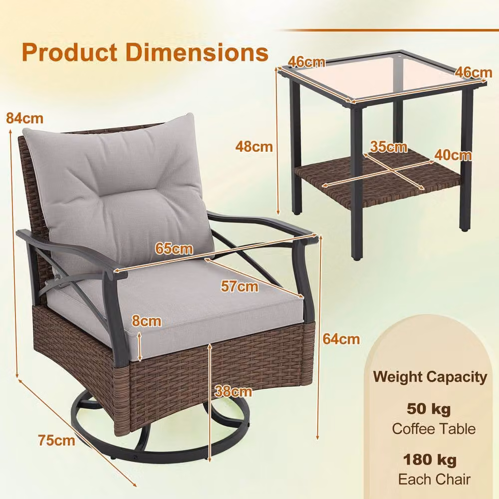 Gymax Brown Polyrattan Patio Swivel Rocker Set with 3 Upholstered Armchairs and 2-Tier Coffee Table – 3