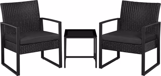 Yaheetech 3 Piece Modern Rattan and Metal Patio Bistro Furniture Set with Glass Tabletop in Matt Black