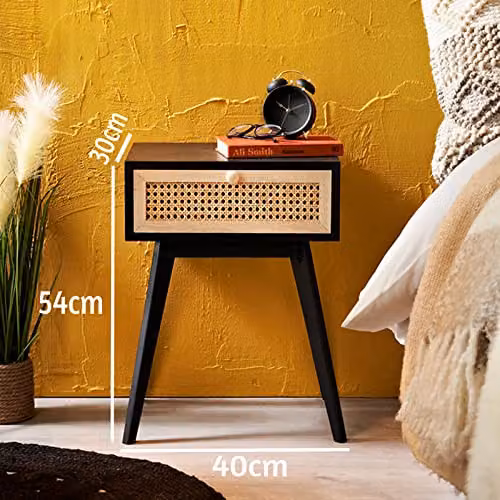 SPOT ON DEALZ Black Rattan Bedside Table with Drawer and MDF Wood Frame, W/D/H: 30 x 40 x 50 cm – 2