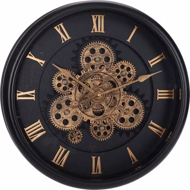 Jack Stonehouse Silent Steampunk Gears Wall Clock in Black and Gold Metal