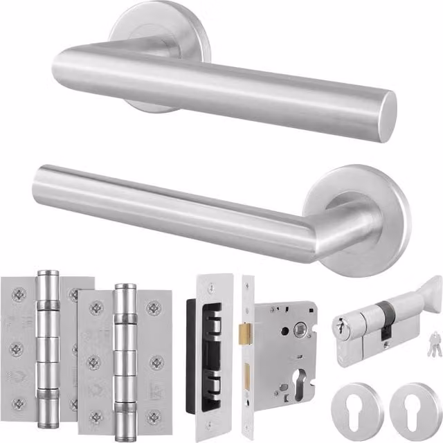 AFIT Satin Lever on Rose Euro Lock and Hinge Kit with Thumbturn in Silver