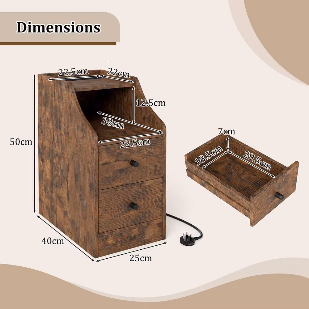 Gymax Brown Side Table with Charging Station and Storage Drawers – 2