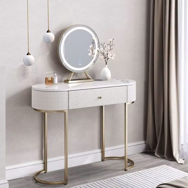 Carme Romy Boucle Dressing Table with Evie LED Mirror in White and Gold