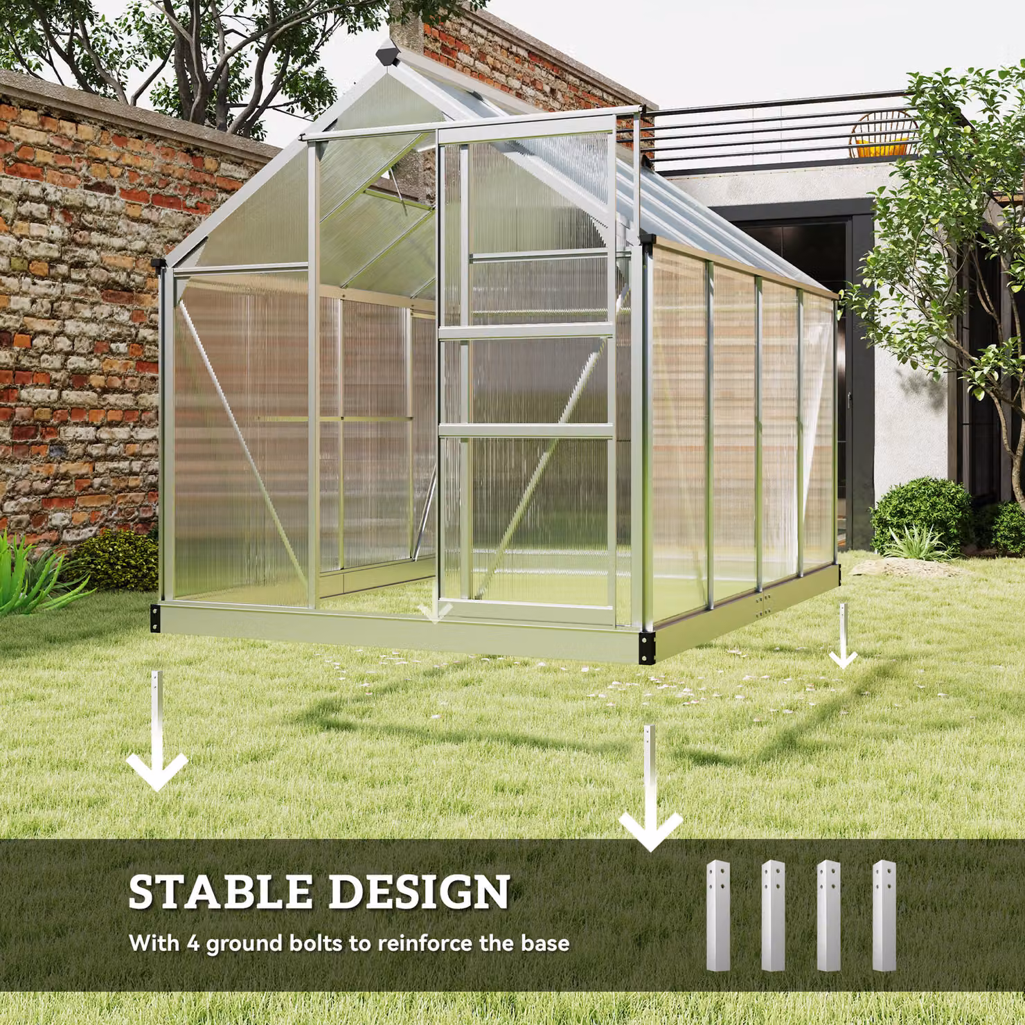 Outsunny Walk-In Greenhouse with Sliding Door and Gable Roof, Transparent Polycarbonate and Aluminium Garden Greenhouse, W/D/H: 182.88 x 243.84 x 201 cm – 4