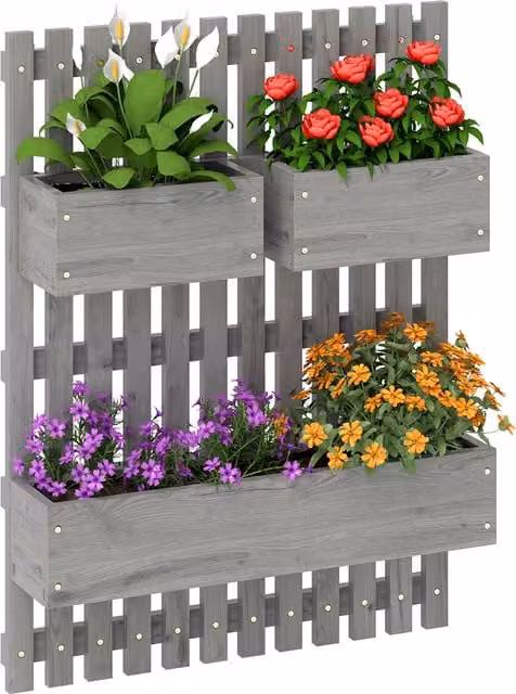 Outsunny Wall-mounted Wooden Garden Planters with Trellis and 3 Planter Boxes, Grey