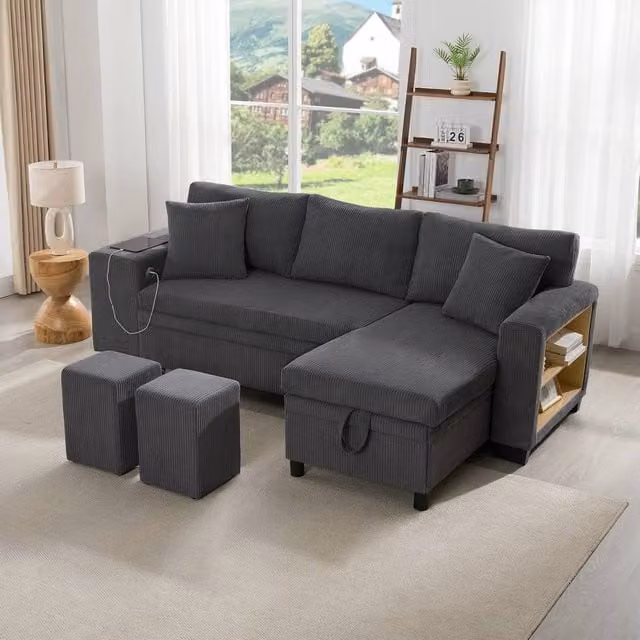 Merax Reversible L-Shaped Convertible Corner Sofa Bed with 2 Ottomans and USB Charging Ports, Grey, W/D/H: 225.5 x 127.0 x 83.0 cm – 1